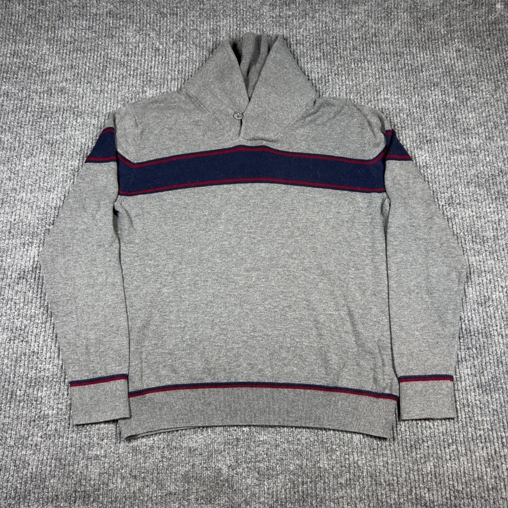 GAP Sweater Men's L Shawl Collar Gray Navy‎ Burgundy Striped Button Casual